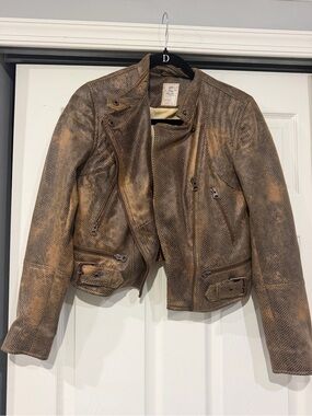We The Free Distressed Brown Leather Moto Jacket
